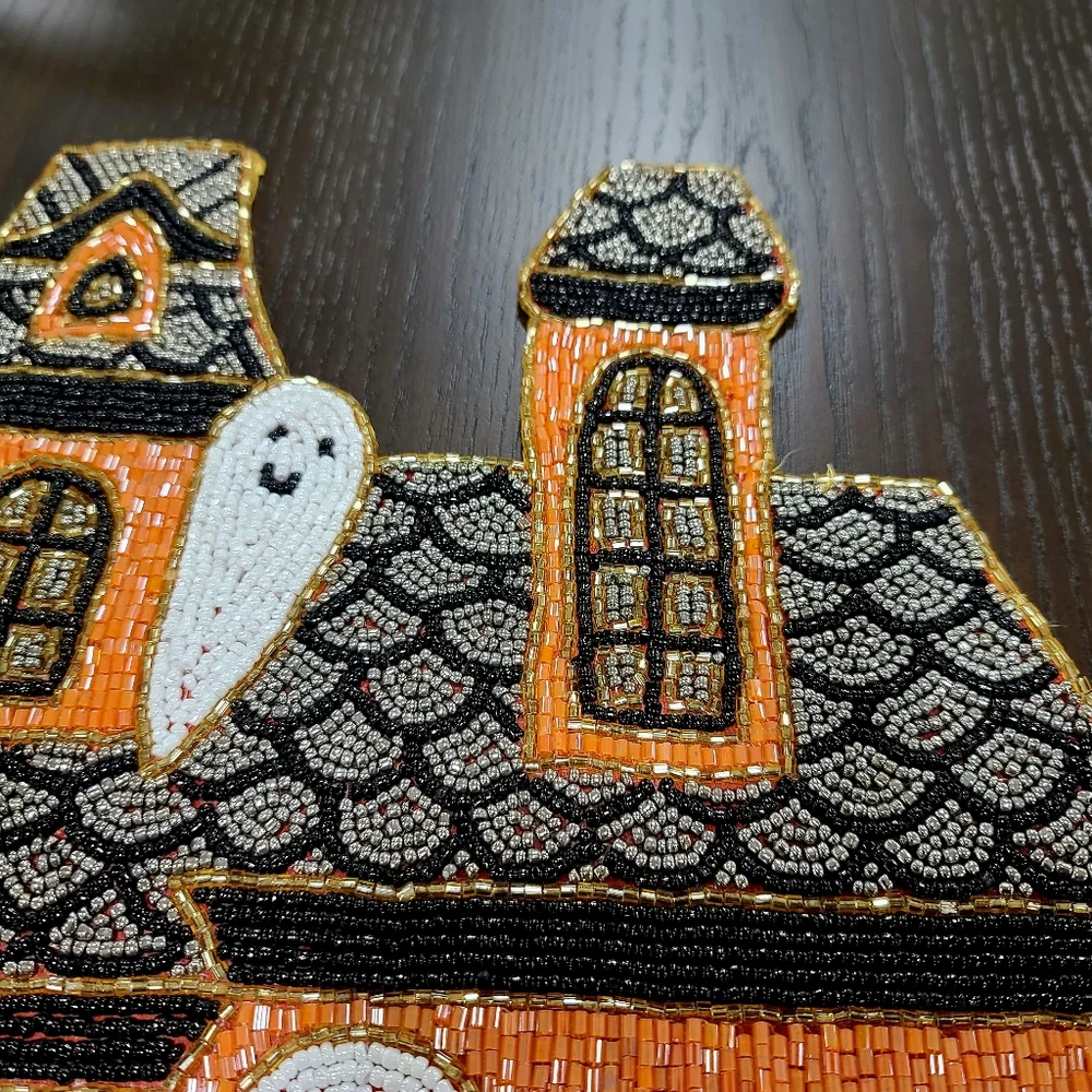 x4 Haunted House Halloween Ghost Pumpkin Shimmer Beaded Placemats CHARGERS Set